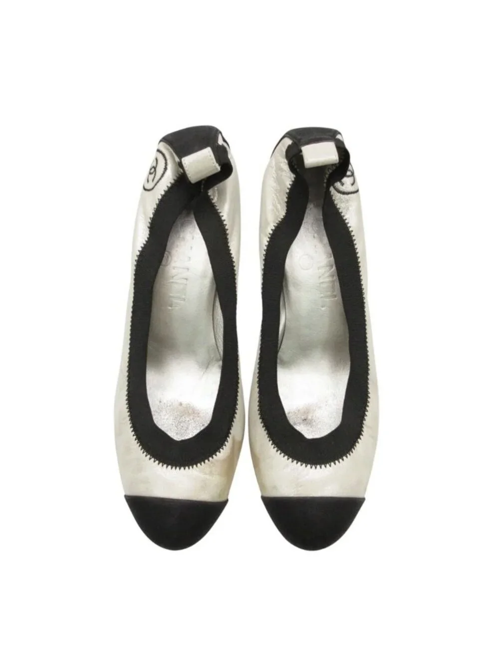 Chanel Pumps Bicolor CC Logo Embroidery Cap Toe Heels Shoes Black Light Gray
